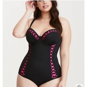 torrid black and pink lattice bathing suit